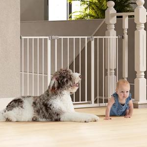 InnoTruth 29.5–49.75" Extra Wide Baby Gate for Stairs, 30" Tall Easy Walk Through Dog Gates Indoor for Doorways, One-Hand Opening, Pressure Mounted Metal Pet Gate for Dogs, White