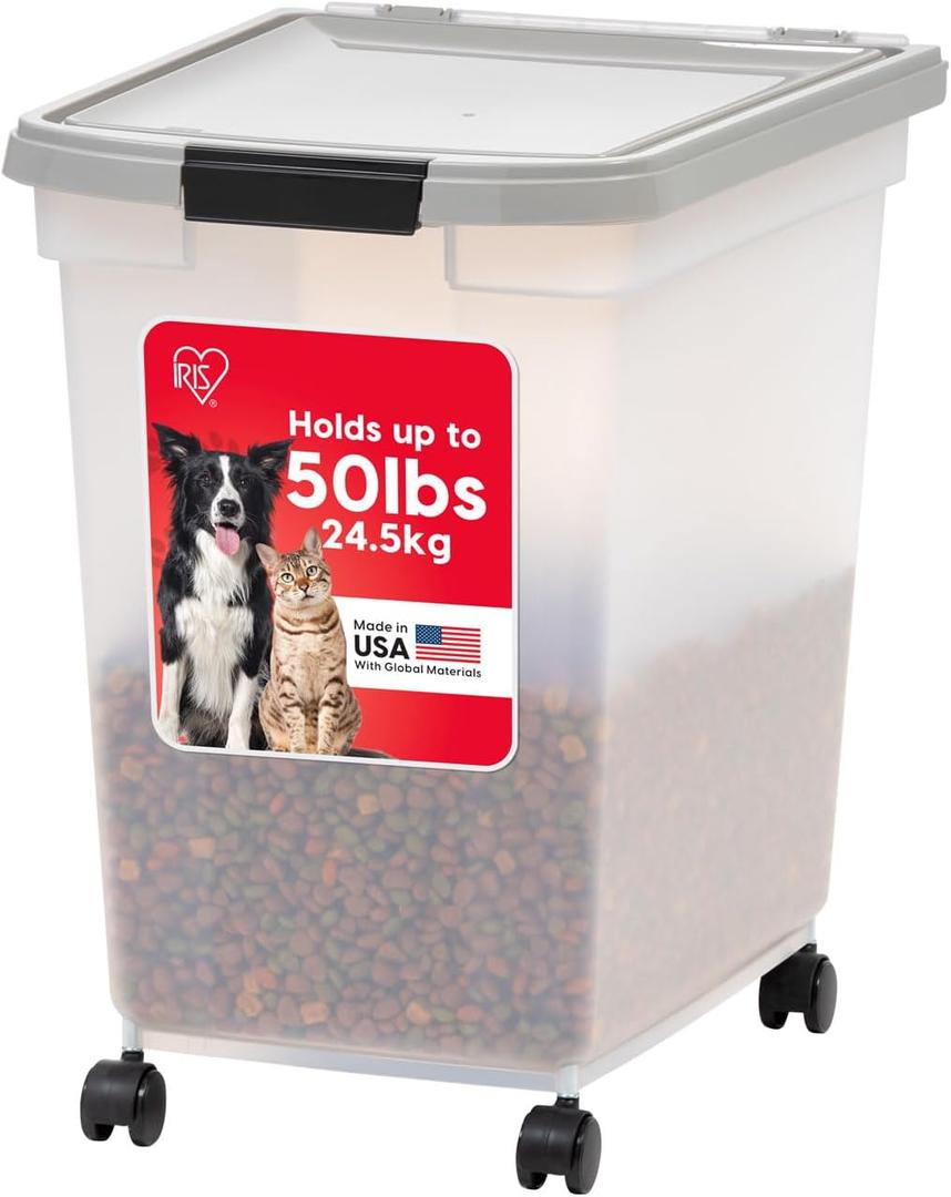 IRIS USA Airtight Dog Food Storage Container, WeatherPro, Up to 50 lbs, Removable Wheels, for Dog Cat Bird and Other Pet Food Storage Bin, Keep Fresh, Translucent Body, Made in USA, Clear/Gray