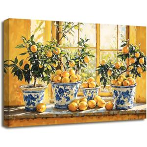 XLMDYYSW Lemon Wall Art Citrus Prints for Kitchen Wall Decor Yellow Fruit Pottery Canvas Picture Blue Classical Painting for Farmhouse Bathroom Framed (Orange, 16.00" x 24.00")
