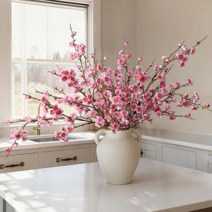 florisso 6 PCS Artificial Cherry Blossom Branches Spring Indoor Decoration, Faux Flowers 34.45" Long Stems Plum Fake Peach Plants Real Touch Silk for Wedding Home Bedroom Party Table Office, Pink
