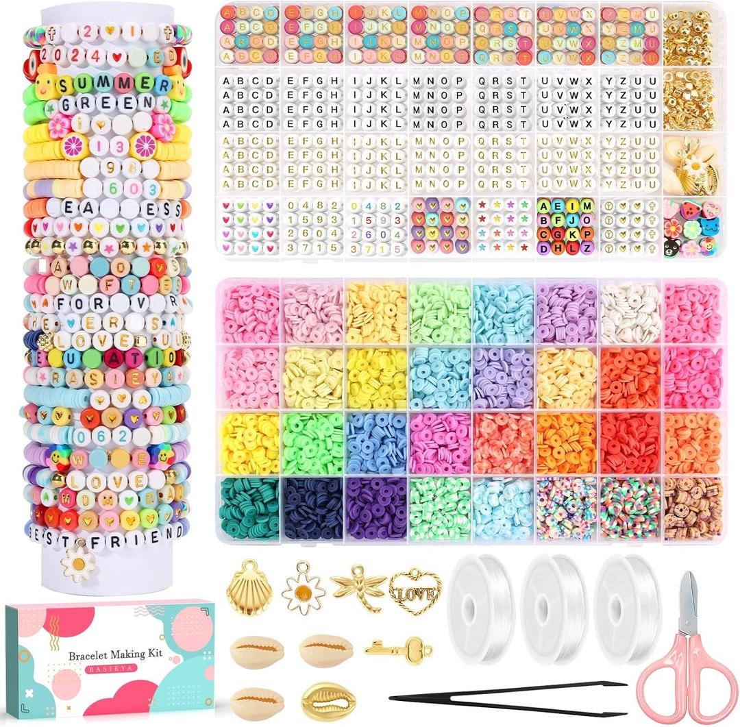 RASIEYA 7340 Clay Beads Bracelet Making Kit,32 Colors Friendship Bracelet Kit,1260 Pcs 10 Styles of Letter, Number & Pattern Beads with CharmValentines Day Gifts for Kids Classroom Exchange