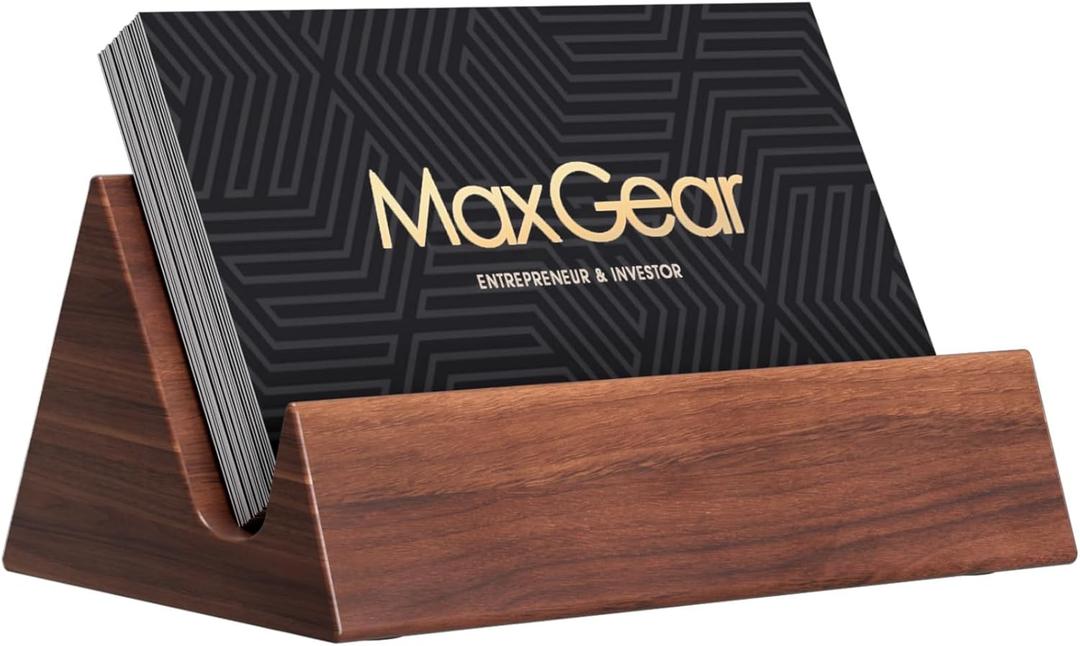 MaxGear Walnut Wood Business Card Holder, Wooden Desk Organizer for Storing & Displaying Business Cards, Elegant Mountain Design with Non-Slip Base for Office