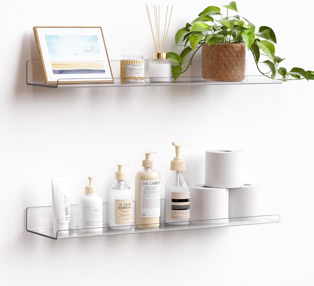 upsimples 4 Pack Acrylic Shelves for Wall Storage, 15" x 4 Floating Bookshelves for Kids, Display Shelf Organizer for Bathroom, Bedroom, Living Room, Kitchen, Room Decor, Clear (15x4")