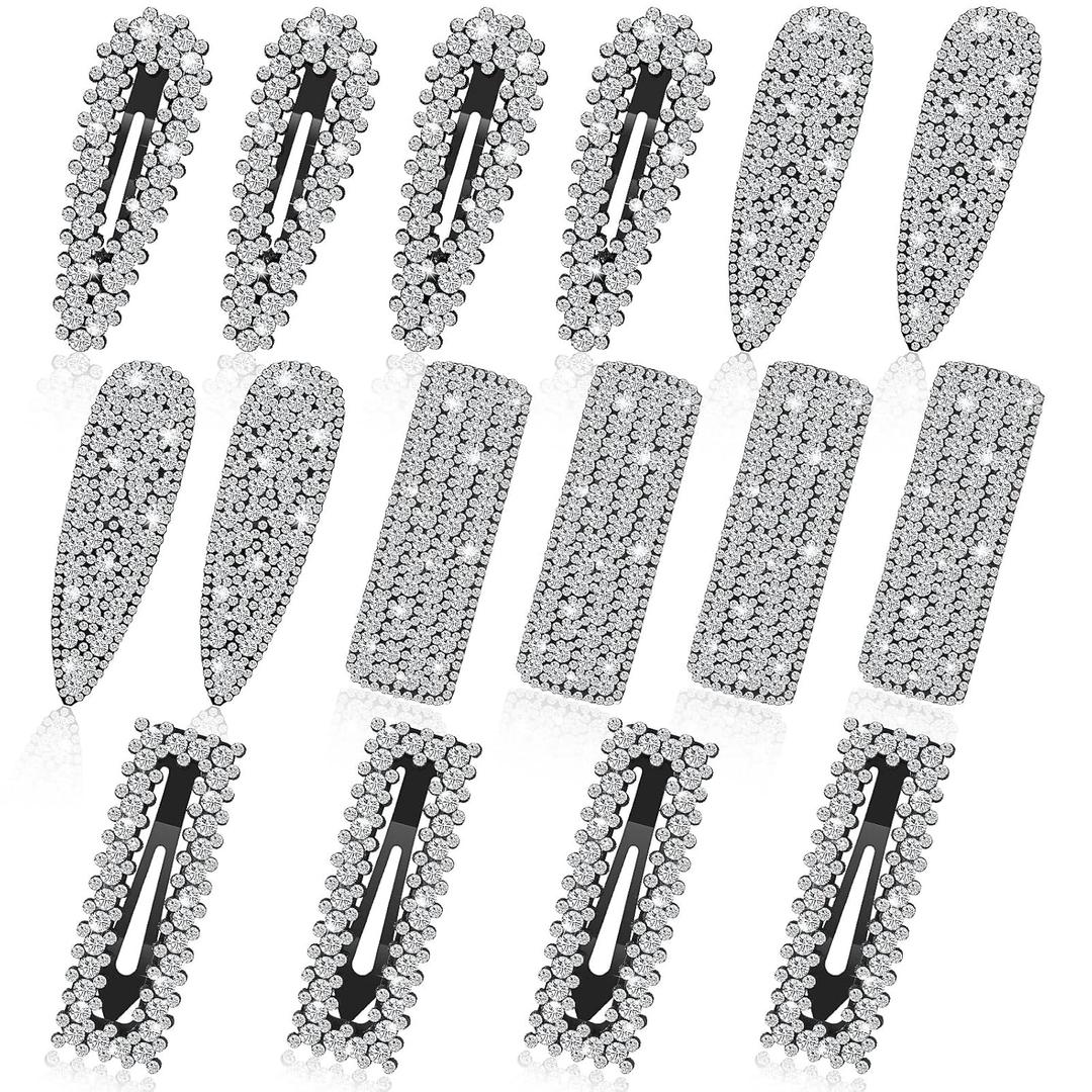 Juexica 16 Pcs Rhinestone Snap Hair Clips Bridal Shower Hair Pins Crystal Diamond Pins 3 Inches Silver Bling Large Decorative Accessories for Women Wedding Bridal Shower Decorations