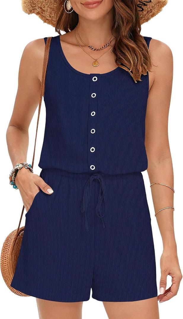MISFAY Women Sleeveless Romper Button Scoop Neck Jumpsuit Pocket NV (XXL)