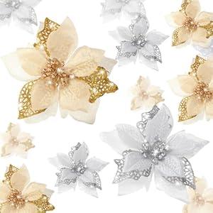 WILLBOND 36 Pieces Christmas Poinsettia Glitter Faux Flowers Christmas Artificial Flowers Tree Ornaments Topper Xmas Decorations (Gold, Silver)