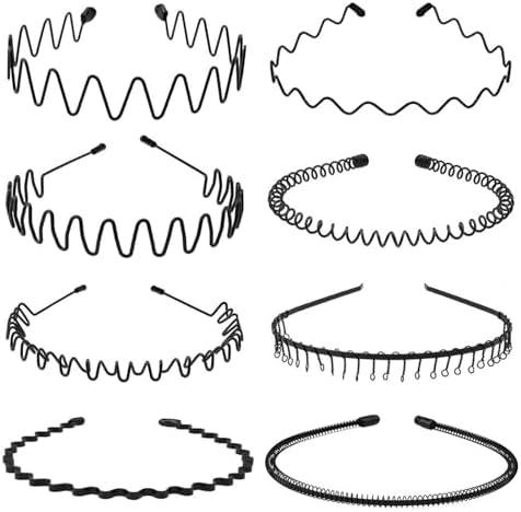 KELUBATU Metal Headband for Men, Unisex Black Wavy Spring Hair Band, Zig Zag Hair Band, Fashion Elastic Hair Accessories, Multipack （8pcs）