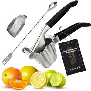 Butnix Lemon Squeezer, Stainless Steel 304 Hand Juicer, 3-in-1 Citrus Squeezer for Lemon Lime Orange, Manual Citrus Juicer with Cocktail Mixing Spoon, Non-Slip Grip, Life Time Warranty