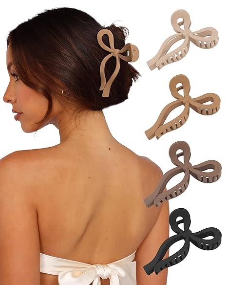 4 PCS Bow Hair Clips Bow Claw Clip for Women Nonslip Large Hair Claw Clips for Thin and Thick Hair Strong Hold Hair Bows (Black+Dark Brown+Khaki+Light Brown)