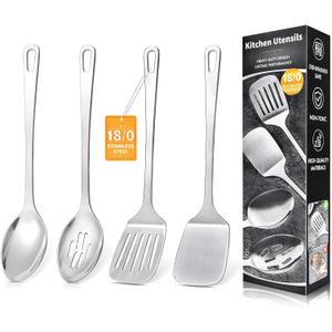 4 Pcs Cooking Utensils Set, Stainless Steel Kitchen Utensils, Heat Resistant Metal Kitchen Tools Include Solid & Slotted Turner Wok Spatula, Serving Spoon, Ergonomic Handle, Easy to Clean, Silver