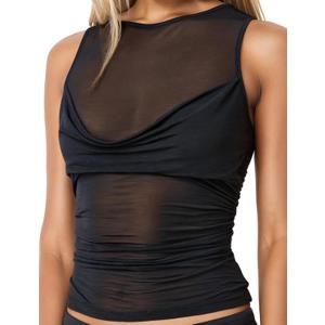 Sexy Pleated Ruched Crop Tank Tops for Women Mock Neck Sleeveless Mesh See Through Double Linery Tank Tops (Black)