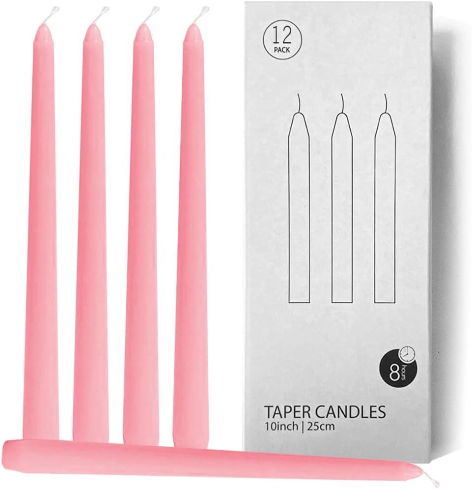 12 Pack Pink Taper Candles, 10 inch Unscented Dripless Candlesticks Valentine's Candles - 8 Hours Long Burning Candles for Home Decor, Wedding, Party (Pink)