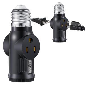 Feekoon 1 Pc Light Socket to Plug Adapter, E26 Lamp Sockets Converter to 3-Prong Outlet & Bulb Holder, Screw-in Light Socket Adapter for Garage, Porch & Utility Areas (Black)