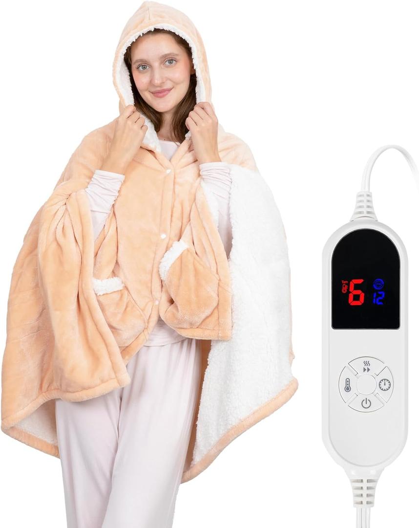HOW'S MY HOUSE Wearable Heated Throw Blanket, 40"x70" Electric Heated Wrap Poncho Shawl & Hoodies with Pockets, 6 Heating Levels & 12-Hours Timer, Machine Washable with ETL Certification, Tan