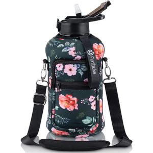 Fimibuke Half Gallon Water Bottle with Sleeve 64 OZ Water Bottle with Handle & Straw Leakproof Motivational Sports Gym Water Bottle with Time Marker BPA Free Water Jug with Reusable Neoprene Holder (A2.Retro Rose)