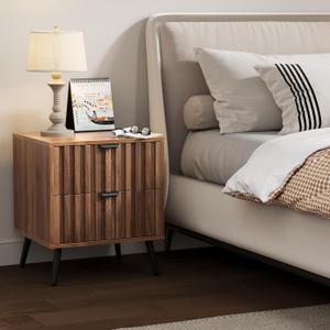 Nightstands, Walnut Fluted Night Stand, Mid Century Modern Nightstand, Bedside Table with Seamless Slatted Drawer, End Tables Bedroom with Metal Legs, Night Stand for Bedroom
