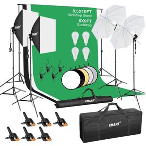 EMART 8.5 x 10 ft Backdrop Support System, Professional Photography Lighting Kit with 50W LED Blub, Reflector, 6 * 9ft Backdrop *3, Umbrellas&Softbox Lighting Kit for Studio, Portrait, Video Shooting