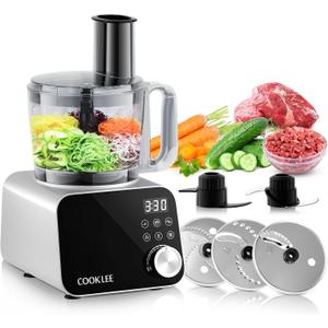 COOKLEE Food Processor, 600 Watts, 6 Functions Electric Food Chopper for Chopping, Mincing, Dicing, Shredding, Slicing, Purees & Dough with 12cup Processor Bowl, Food Chute & Pusher, Silver