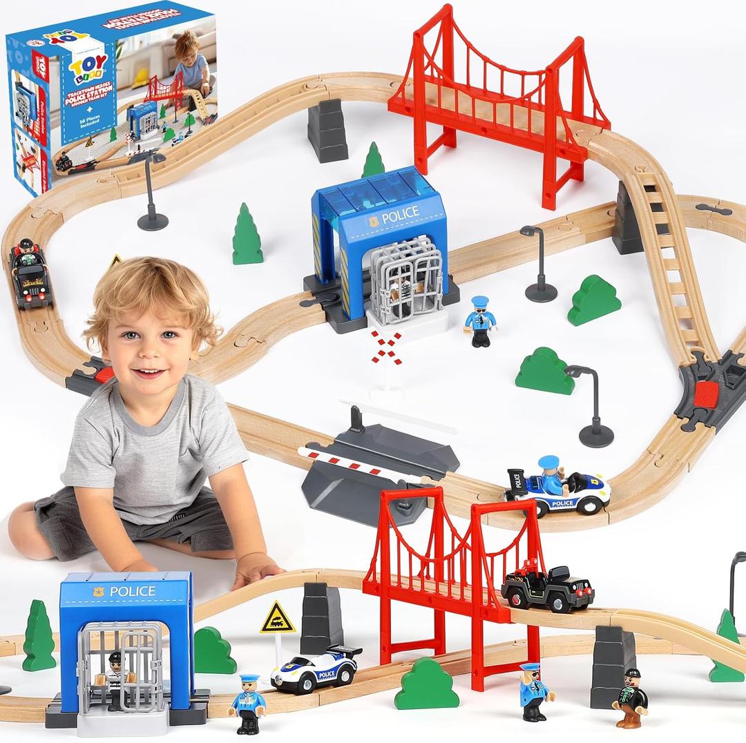 TOY Life Wooden Train Set for Toddlers 2-4, 56PCS Police Station Train Toys with Wooden Train Track Set, Magnetic Police Car Set, Toys for 3 4 5 6 Year Old Boys Kids, Compatible with Major Brand