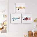 Set of 3 Airplane Nursery Transportation Framed Wall Art Aviation Decor Watercolor Vintage Plane Aircraft Canvas Paintings Prints Posters for Home Kids Toddler Boys Bedroom, 12x12 Inch
