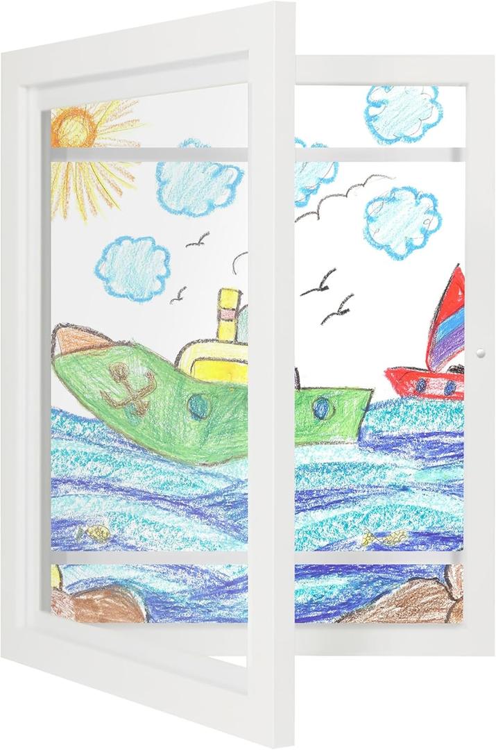 Kids Art Frames 10x12.5 - Front Opening Childrens Picture Frame Changeable, Wood Artwork Display Storage for Wall Mount, Magnetic Door Holds 50 Art Pieces for Drawings, 3D Picture, Crafts, Portfolio, White