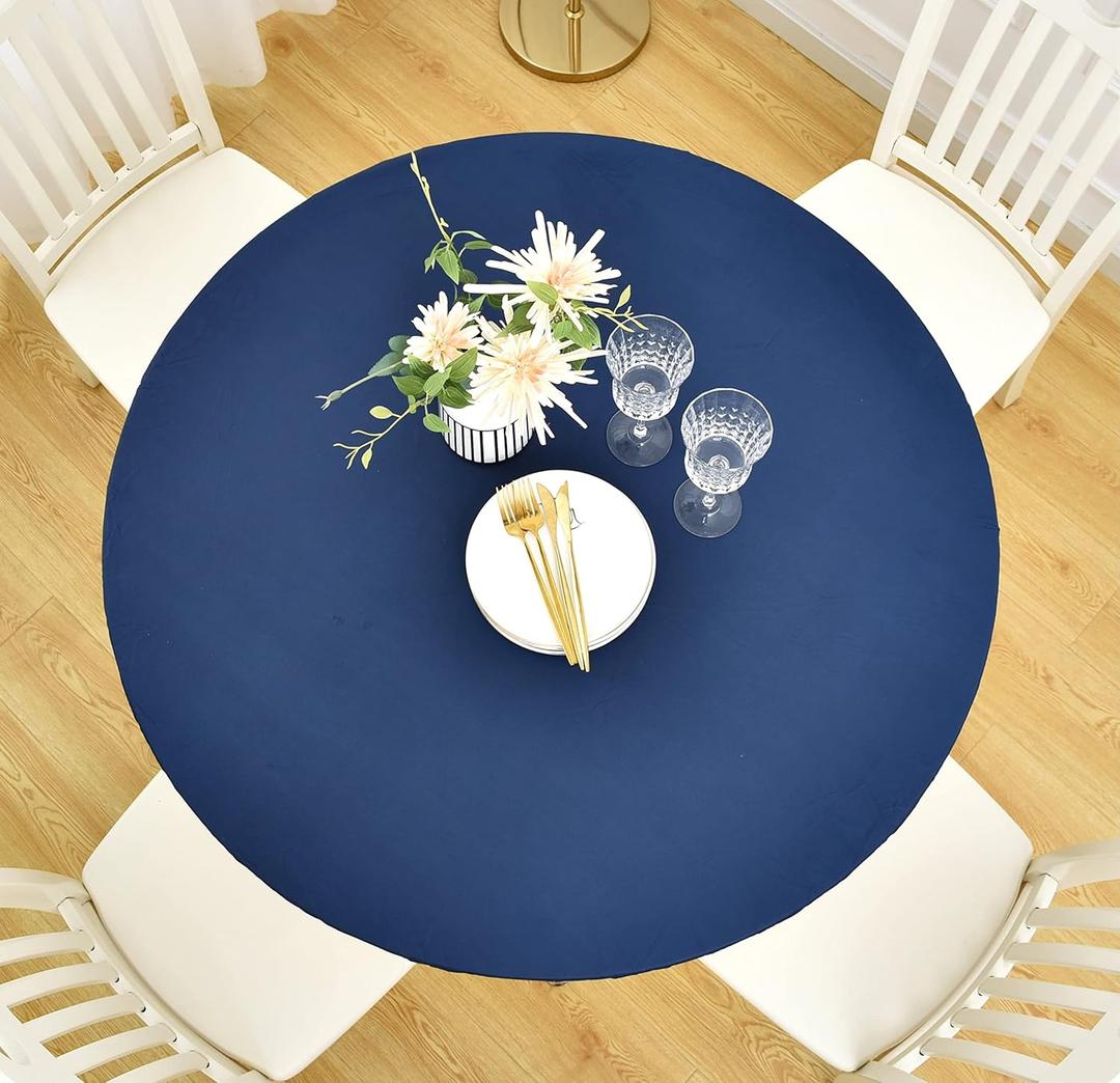 Rally Home Goods Indoor Outdoor Patio Round Fitted Vinyl Tablecloth, Flannel Backing, Elastic Edge, Waterproof Wipeable Plastic Cover in Solid Blue Color for 5-Seat Table of 36-42 Diameter