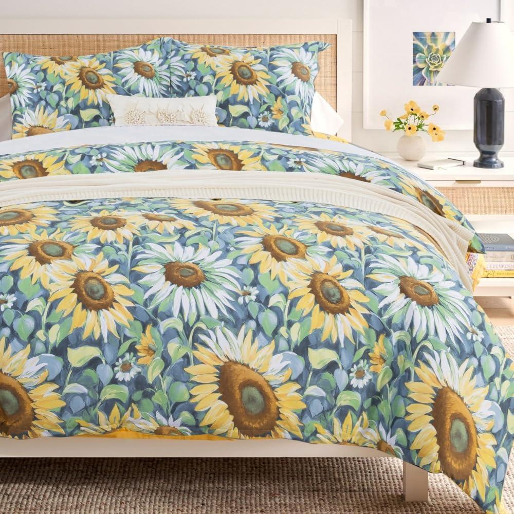DAUAOTO California King 104"X96" Duvet Cover Set, 100% Cotton Print Bedding Cal King Bed, Farmhouse Floral Pattern, Sunflower