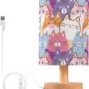 Bedside Lamp Cartoon Cat Table Lamp for Bedroom LED Nightstand Lamp Shade USB Ports Wood Base for Living Room Dorm Office (5.12x9.7in, A014)