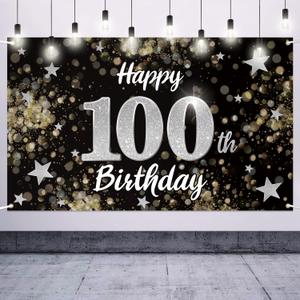 Happy 100th Birthday Decorations,100th Black & Silver Dream Star Large Birthday Banner Backdrop Sign - Cheers to 100 Years Old Bday Party Decoration.