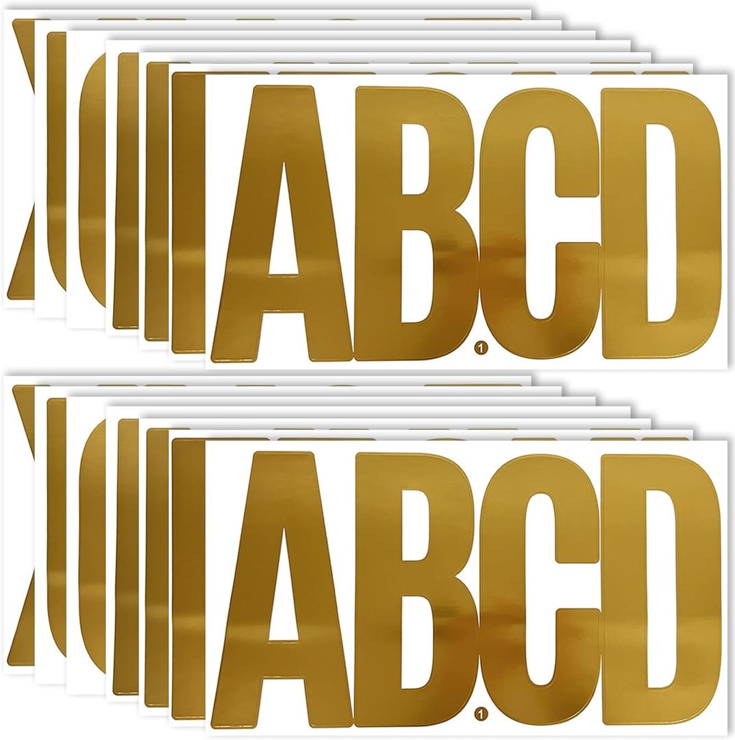 6 Inch Letter Stickers, 76 Pieces Self Adhesive Large Alphabet Symbol Sticker, Mailbox, Door, Truck and Outdoor, Waterproof & Weatherproof, 14 Sheets Gold