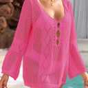 Womens Summer Crochet Swimsuit Coverup Sexy Crew Neck Long Sleeve Mesh Knit Bikini Cover Ups Beach Dresses 2026 (Pink, S)
