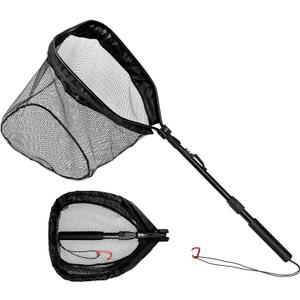 Rubber Coated Foldable Floating Fishing Net for Steelhead, Salmon, Catfish, Bass, Fly, Kayak, Easy Catch & Release with Telescopic Pole and Spring Shackle