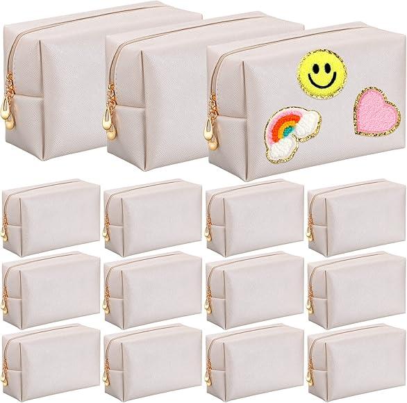 Kigeli 14 Pcs Aesthetic Makeup Bags PU Leather Cosmetic Pouches Waterproof Plain Toiletry Bags Makeup Pouches Bulk for Women Party Gift Travel Storage Organizer (Ivory White)
