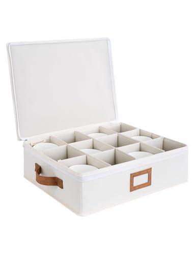 StorageWorks China Storage Container, Stackable Mug Storage Box with Dividers, Stemware Storage Cases, Hard Shell China Cup Organizer, Holds 12 Tea Cups and Coffee Mug, 1 Pack, Beige