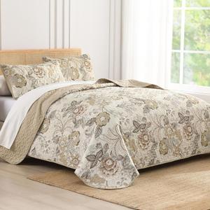 Luxudecor Floral Quilt Set King Size 3 Pieces Vintage Flower Bedspread with Pillow Shams Soft Microfiber Coverlet Bedding Set Reversible Bed Cover for All Seasons Neutral (King(104"90"))