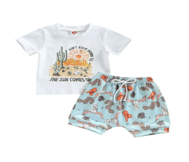 Western Toddler Baby Boy Girl Summer Clothes Cactus Print Short Sleeve T-Shirt Tops Elastic Waist Shorts 2Pcs Set,  0-6M