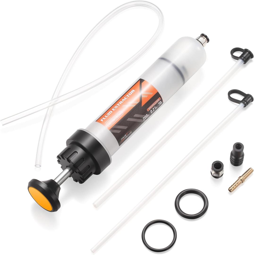 FOUR UNCLES 200cc Fluid Extractor & Fill Pump for Automotive Use - Oil Syringe with a 23" Hose & Two 12" Extension Tubes for Easy Oil Change