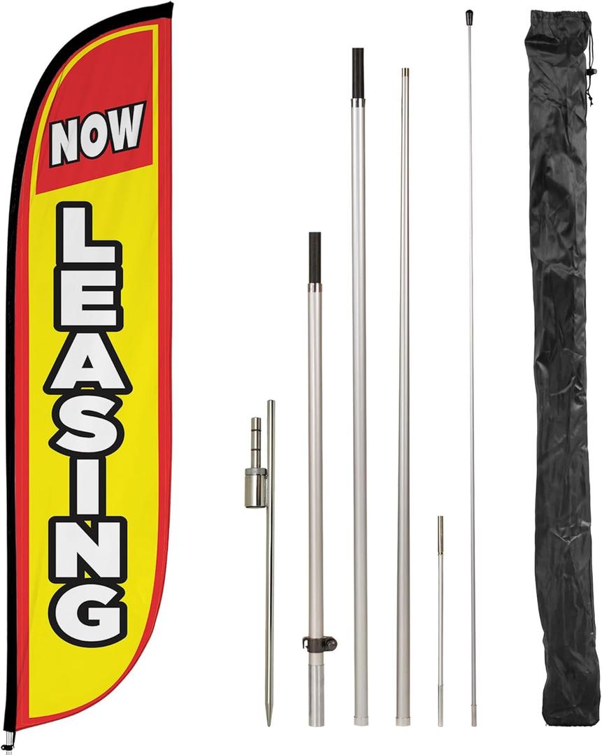 LookOurWay Feather Flag Pole Kit - 12 Feet Tall Advertising Flag Banner with Fiberglass Pole Kit and Ground Spike for Business Promotion - Real Estate Flags - Now Leasing Yellow