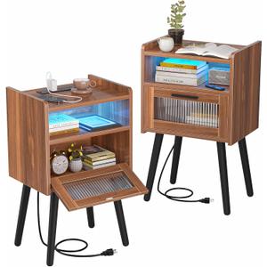 HAIOOU Set of 2 Mid Century Nightstand with Charging Station, Mid Century LED Light Modern End Table with Drawer, Glass Door, Open Shelf, Small Side Table Pine Wood Legs for Home Bedroom Living Room