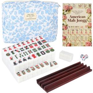 Travel American Mahjong Tile Set, 166 PCS 0.8 Inch Mini Mahjong Game Tiles, 4 Wooden Racks, Floral Storage Bag, 3 Dice & Beginner's Guide, Complete Portable Set