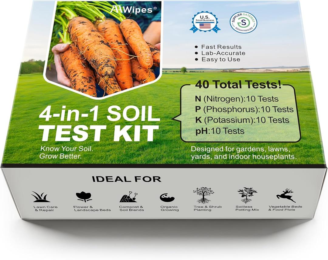 AAwipes Soil Test Kit for 4-in-1 pH, Nitrogen(N), Phosphorus(P), Potassium(K) Levels 40 Tests for Garden, Lawn, Yard & Plant Care Reliable Nutrient Tester with Sampling Accessories