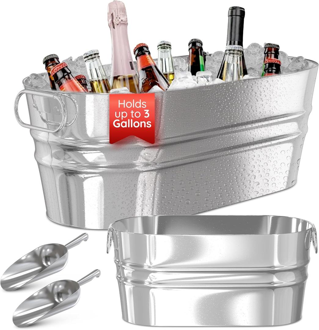 Pack of 2 Ice Buckets with Scoops, Galvanized Tub - Drink Buckets for Parties, Beverage Tub for Barbecue Enthusiasts, Solid Metal Bucket for Drinks, Large Ice Buckets for Outdoor Camping