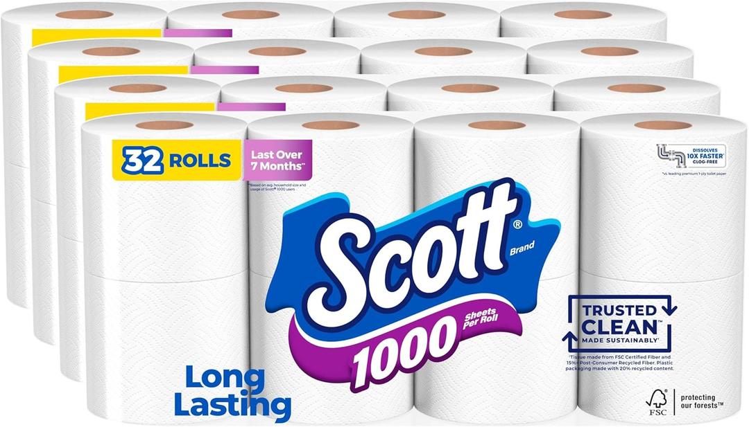 Scott 1000 Trusted Clean Toilet Paper, 32 Rolls, Septic-Safe, 1-Ply Toilet Tissue (1000 sheet (Pack of 32))