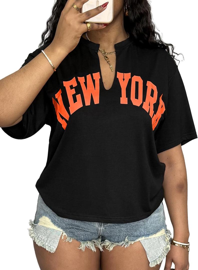 Lovely Wholesale Womens Graphic Tees Oversized Short Sleeve Summer V Neck New York T Shirts (Black, Medium)