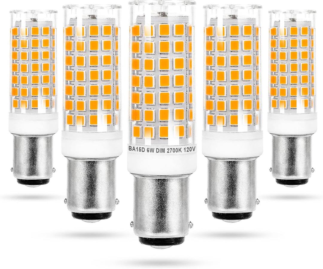 BA15D Led Bulbs 120V Dimmable 6W,Double Contact DC Bayonet Base,2700K Soft Warm White,40W 50W 60W T3/T4 Halogen Equivalent,Dimmable BA15D LED for Sewing Machine Pendants Ceil Wall Light,5Pack