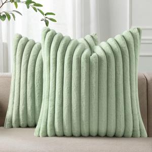 Pallene Faux Fur Plush Throw Pillow Covers 16x16 Set of 2, Luxury Soft Fluffy Striped Decorative Pillow Covers for Sofa, Couch, Living Room, Sage Green