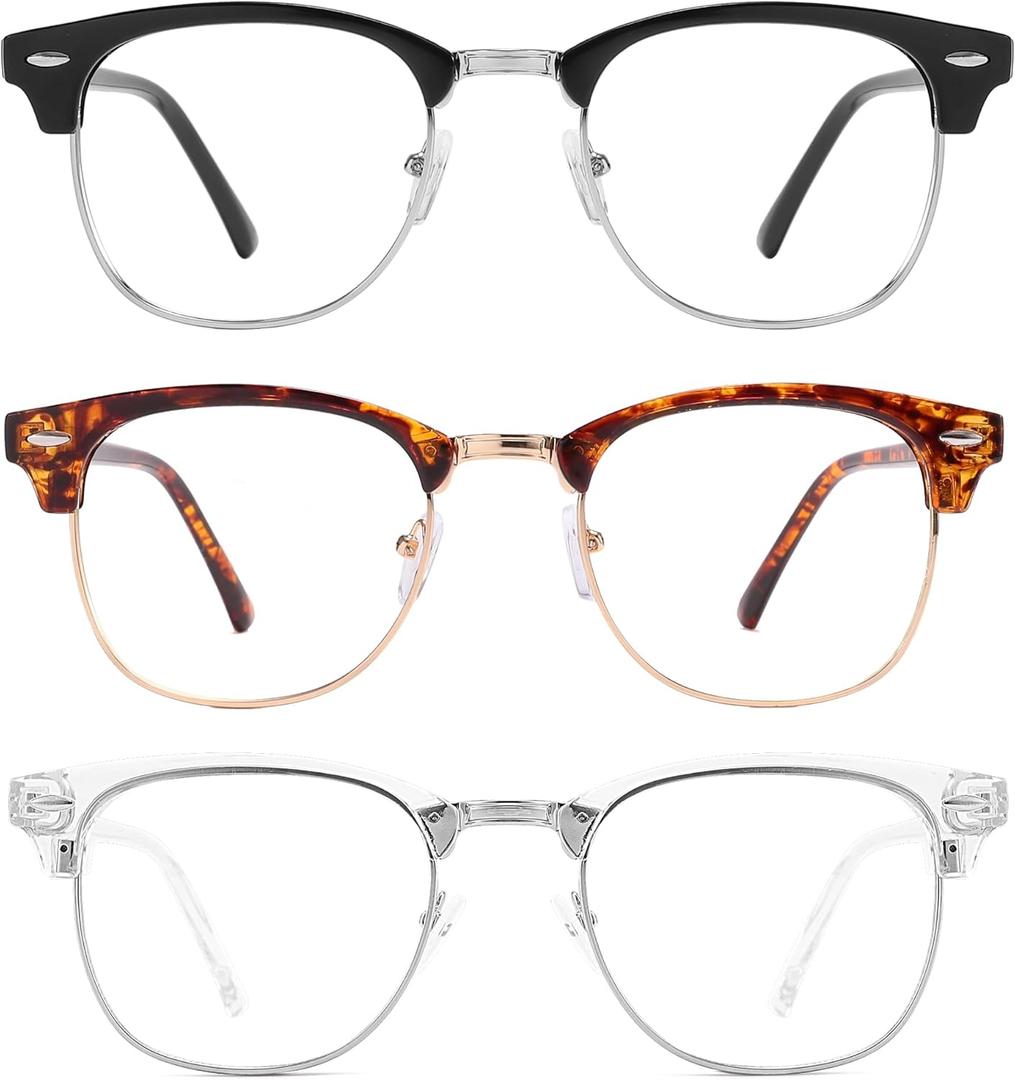 Przene Blue Light Blocking Glasses for Men Women Retro Round Semi Rimless UV400 Computer Eyewear 3-Pack Black/leopard/transparent