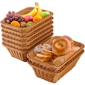 8 Pieces Poly Wicker Bread Basket, 11.8 Inch Rectangular Woven Tabletop Food Serving Basket for Vegetables, Home, Kitchen, Outdoor, Imitation Rattan Brown (11.8 x 7.87 x 3.94 inches)