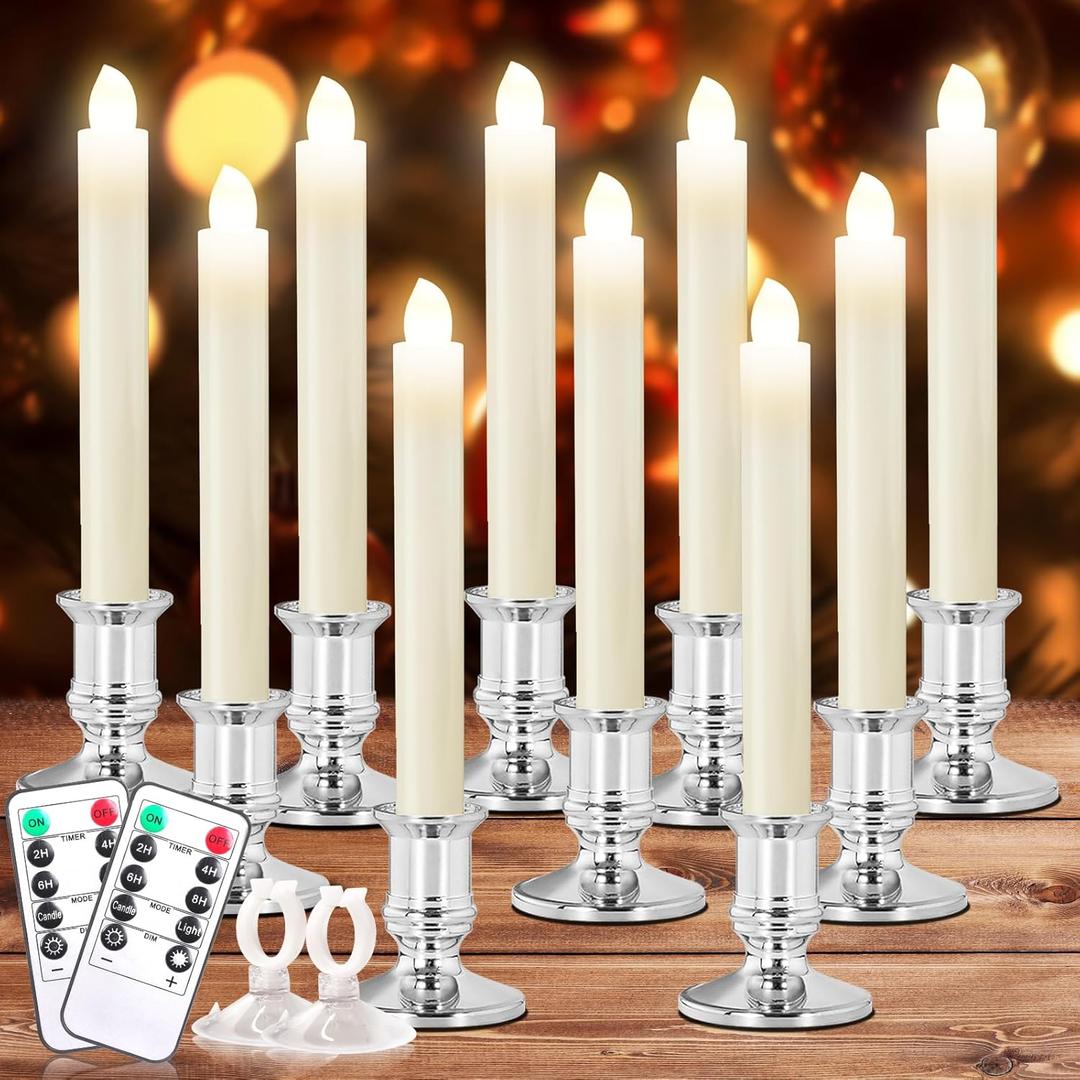 Verdenu 10 Pack Christmas Window Candles with Timer Remote, Battery Operated Electric LED Candles with Holder/Suction Cups for Christmas Decorations, Silver