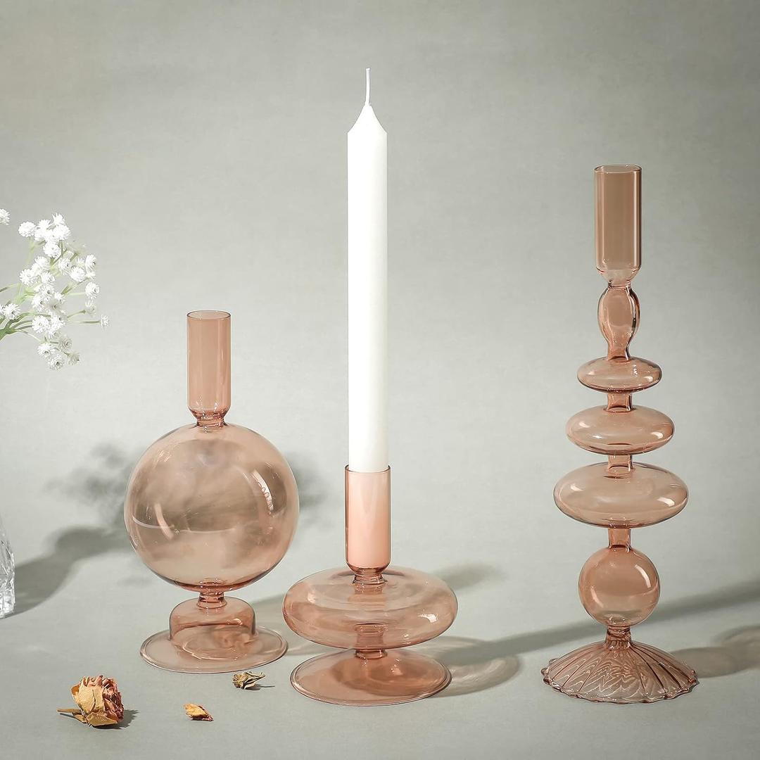 Rtteri 3 Pcs Glass Candlestick Holders Glass Candle Holders Groovy Wavy Elegant Taper Candle Stick for Wedding Home Birthday Party Easter St Patricks Day Decoration Windowsill Decor(Light Brown)